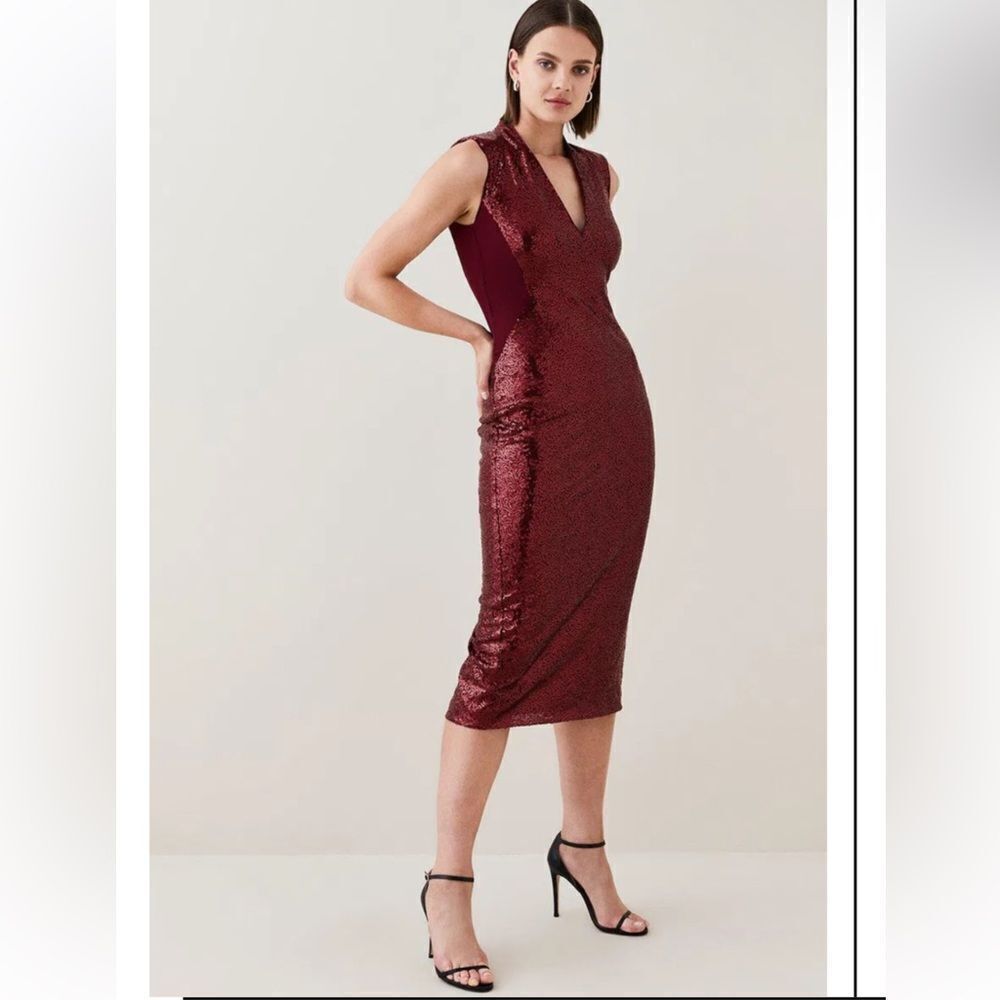 Karen Millen Sequin Midi Dress Wine Red Sleeveless Sz 18